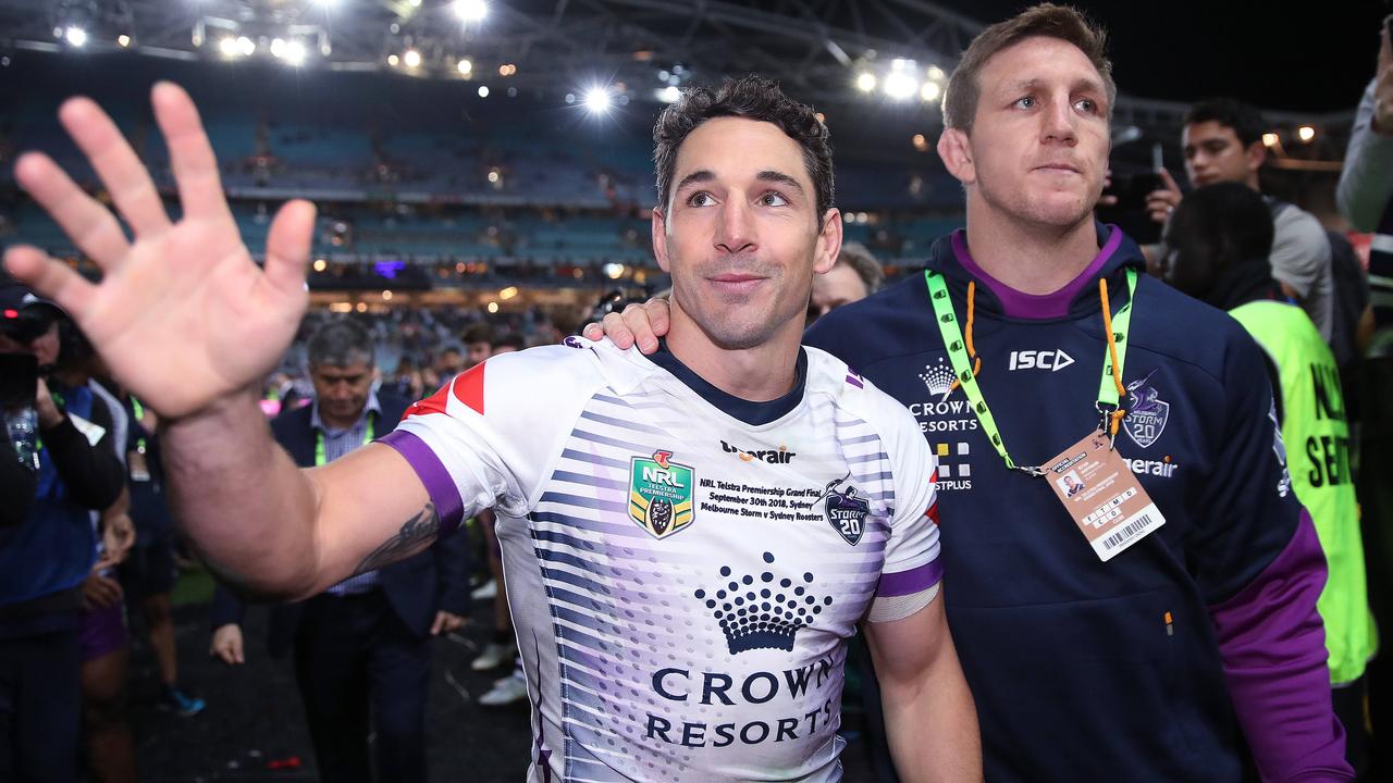 Billy Slater and Ryan Hoffman leave the field for the last time. Picture. Phil Hillyard