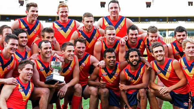 South Australia celebrates its state league interstate triumph against Victoria at Adelaide Oval in 2016. Picture: Tom Huntley