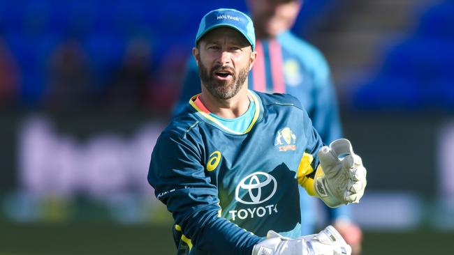 HOBART, AUSTRALIA - FEBRUARY 09: Matthew Wade of Australia is seen warming up ahead of game one of the Men's T20 International series between Australia and West Indies at Blundstone Arena on February 09, 2024 in Hobart, Australia. (Photo by Simon Sturzaker/Getty Images)