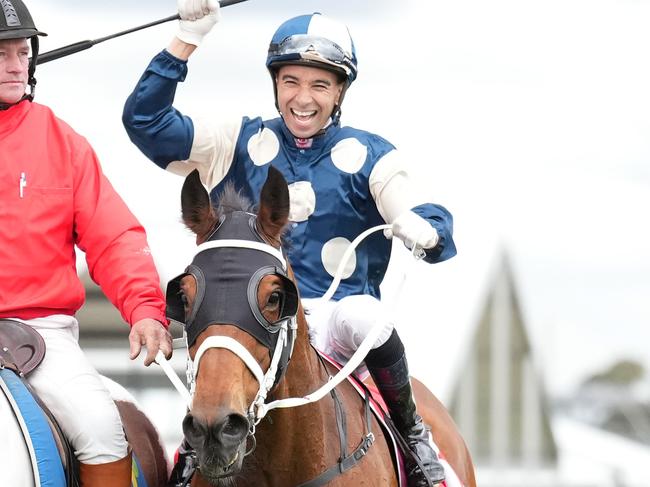 Buckaroo (GB) ridden by Joao Moreira (BRZ) returns to the mounting yard after winning the Henley Homes Underwood Stakes at Caulfield Racecourse on September 21, 2024 in Caulfield, Australia. (Photo by Scott Barbour/Racing Photos via Getty Images)