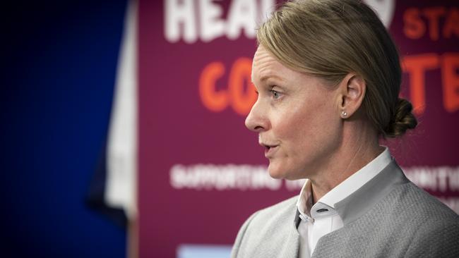 Health Minister Sarah Courtney at the daily COVID-19 briefing on Wednesday. Picture: LUKE BOWDEN