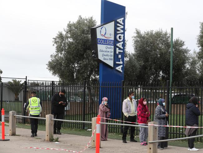 People line up for vaccines at Al-Taqwa College following a positive case. Picture: NCA NewsWire / David Crosling