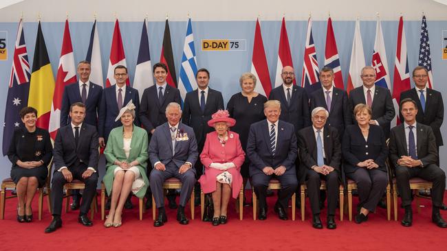 Scott Morrison with Queen Elizabeth II, Theresa May, Prince Charles, US President Donald Trump and other leaders.