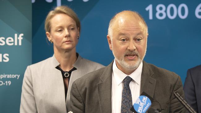 Health Minister Sarah Courtney and Director of Public Health Dr Mark Veitch. Picture: CHRIS KIDD