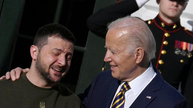 Ukraine's President Volodymyr Zelenskyy, who arrived in the US on an Air Force jet, is welcomed by Joe Biden. Picture: AFP