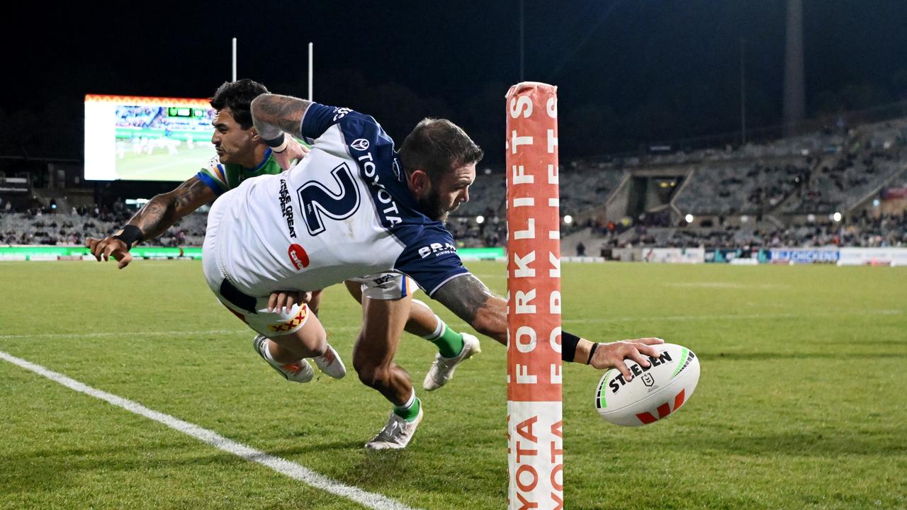 Kyle Feldt of the Cowboys dives to score against the Raiders in Round 15, 2024. Picture: NRL Imagery