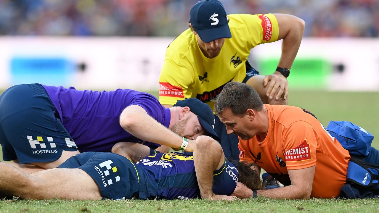 Ryan Papenhuyzen of the Storm after being knocked out (Photo by Bradley Kanaris/Getty Images)