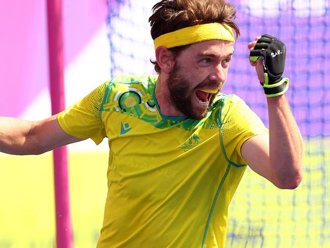 BIRMINGHAM, ENGLAND - AUGUST 08: Flynn Ogilvie of Team Australia celebrates after scoring their sides second goal during the Men's Hockey - Gold Medal Match between Australia and India on day eleven of the Birmingham 2022 Commonwealth Games at University of Birmingham Hockey & Squash Centre on August 08, 2022 on the Birmingham, England. (Photo by Elsa/Getty Images)