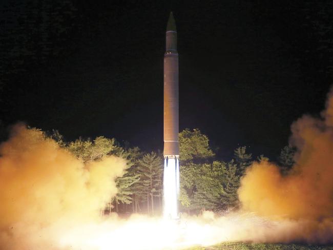 This photo distributed by the North Korean government on Saturday, July 29, 2017, shows what was said to be the launch of a Hwasong-14 intercontinental ballistic missile. Picture: Korean Central News Agency/Korea News Service/AP