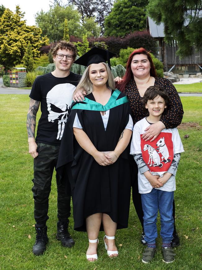 Jaron Kingston, Claire Wilkins, Cypress Faludi and Thomas Faludi 7 at the UTAS Graduation at Launceston. PICTURE CHRIS KIDD