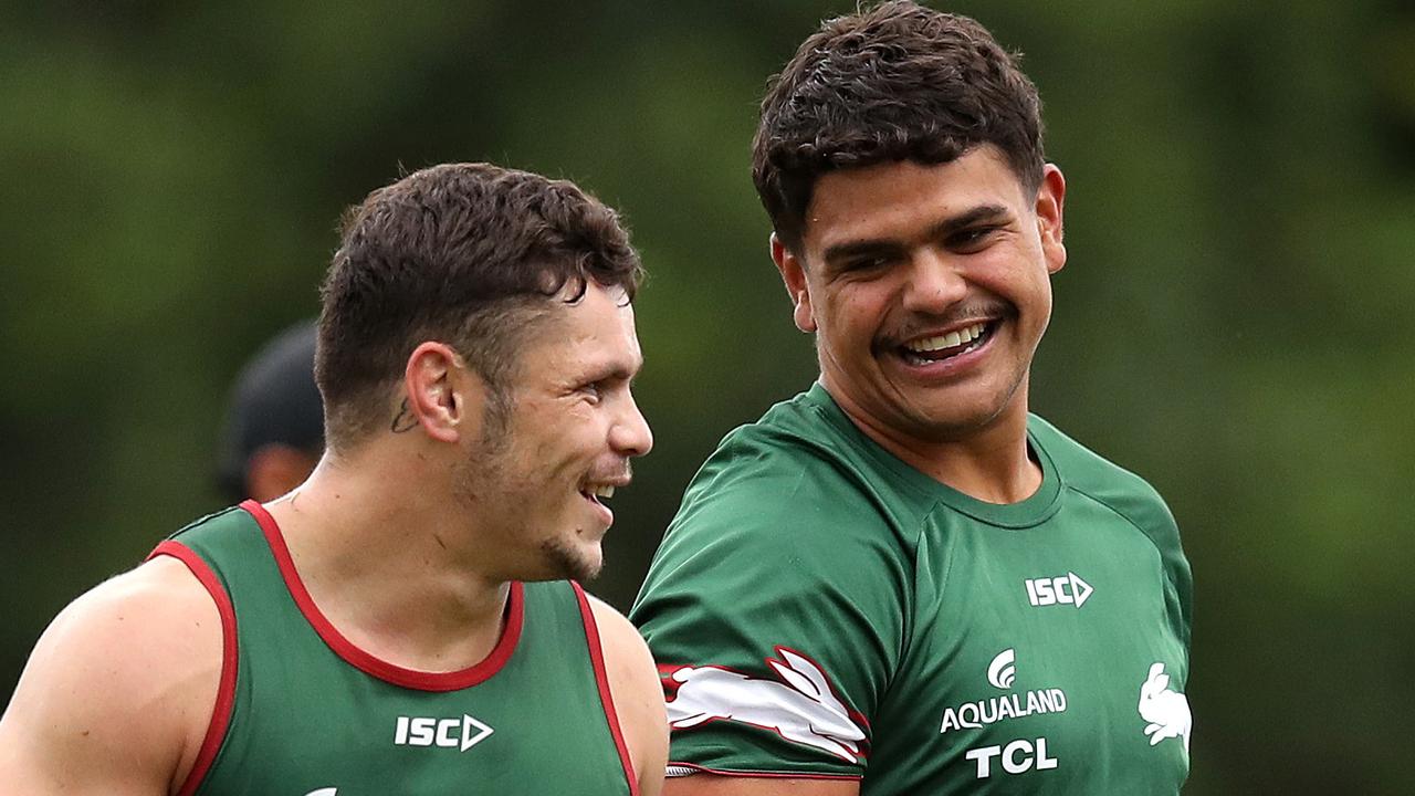 James Roberts with Latrell Mitchell during South Sydney Rabbitohs training. Picture. Phil Hillyard