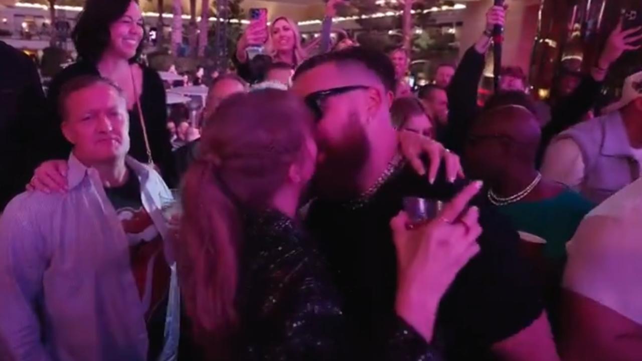 Taylor Swift and Travis Kelce shared a kiss while her song Love Story played in the background.