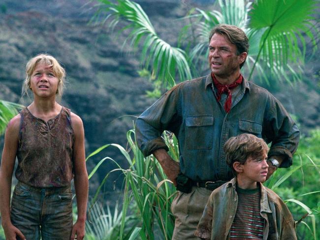 Ariana Richards, Sam Neil and Joseph Mazzello in Jurassic Park.