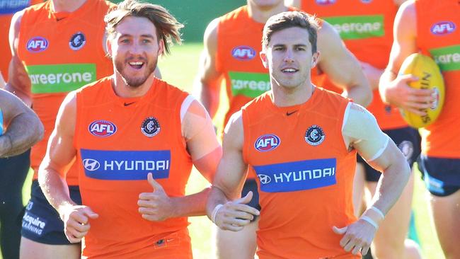 Dale Thomas (L) and Marc Murphy during Carlton Blues training at Ikon Park on Monday, March 21, 2016, in Carlton, Victoria, Australia. Picture: Hamish Blair