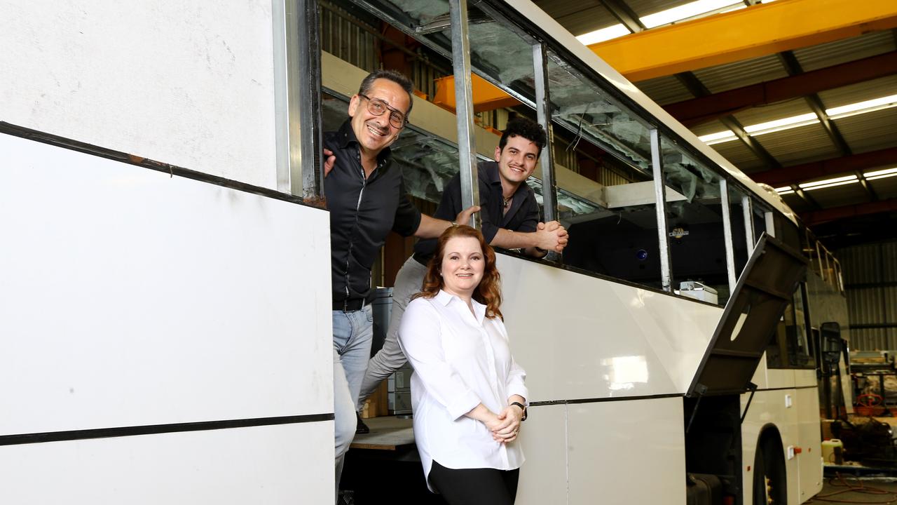 Biagio, Sarah and Joseph Biuso with their bus, which is being converted into a mobile restaurant. Picture: David Clark