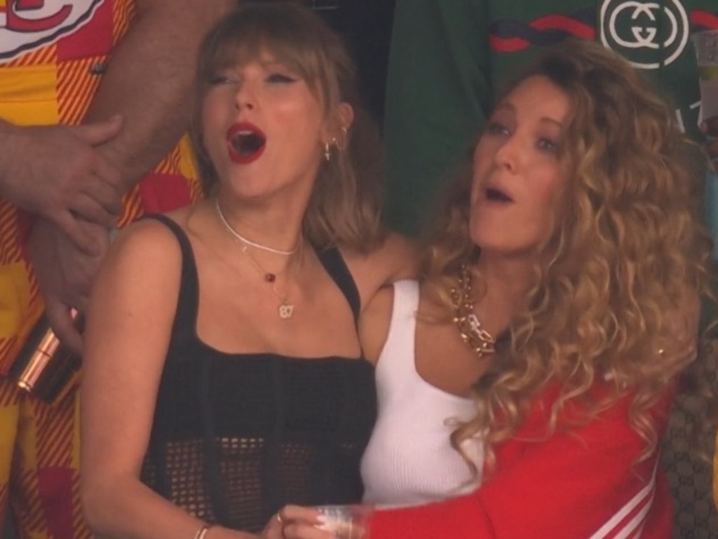 Taylor Swift and Blake Lively feel the love at the 2024 Super Bowl. Picture: ESPN/Kayo