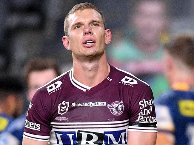 Tom Trbojevic of the Sea Eagles reacts after his team conceded a try during the Round 4 NRL match between the Parramatta Eels and the Manly Warringah Sea Eagles at Bankwest Stadium in Sydney, Saturday, June 6, 2020. (AAP Image/Dan Himbrechts) NO ARCHIVING, EDITORIAL USE ONLY