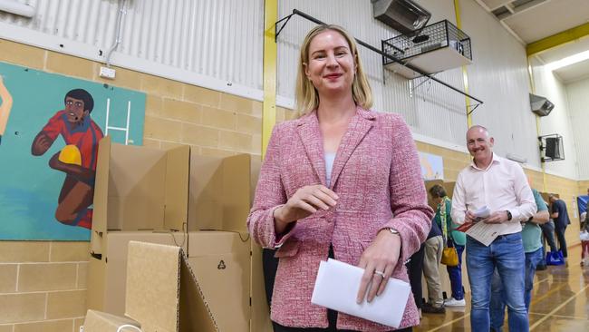 Newly elected Labor member for Sturt Claire Clutterham casting her vote. Picture: Roy VanDerVegt