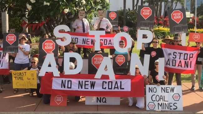 Stop Adani action group protests outside The Ville during a business breakfast where Adani Mining CEO Lucas Dow was guest speaker. Picture: Stop Adani