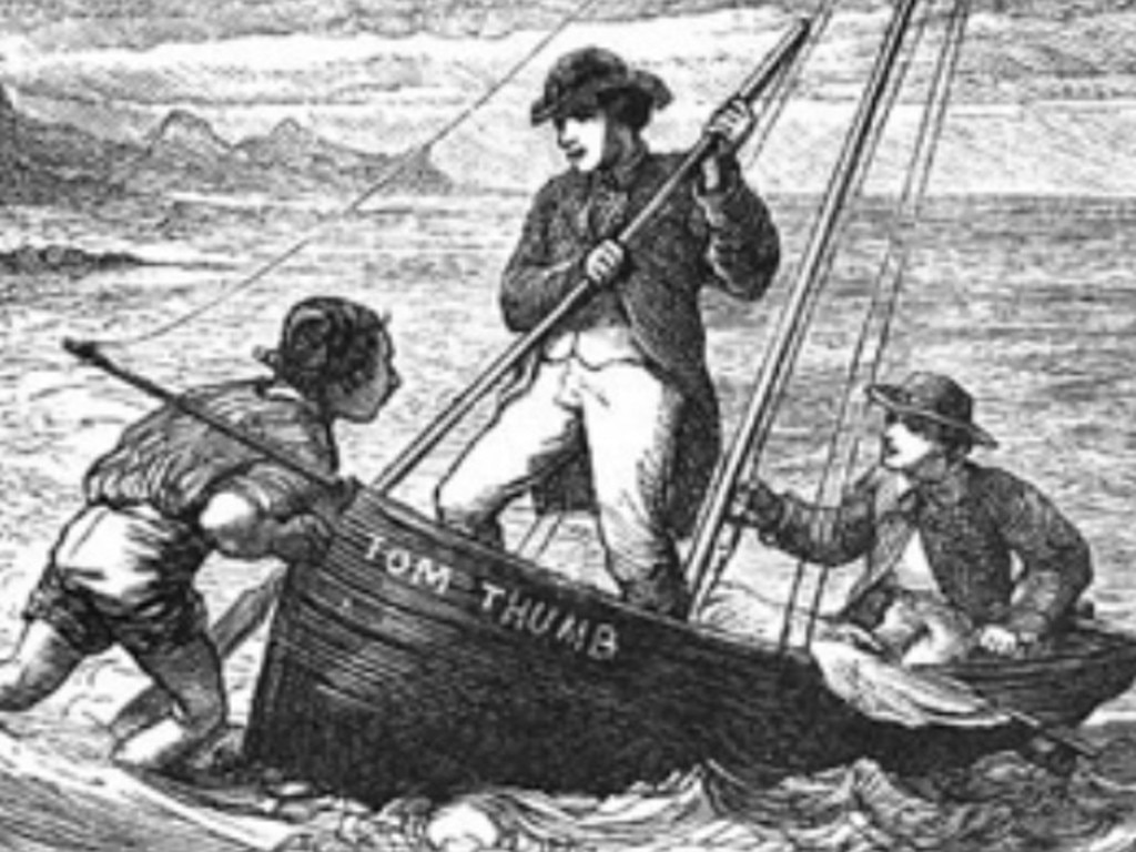 A drawing of Bass and Flinders in Tom Thumb, one of two small boats they used to explore the New South Wales Coast.