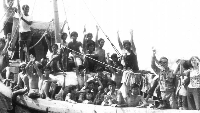 Vietnamese refugees aboard a boat in Darwin Harbour.