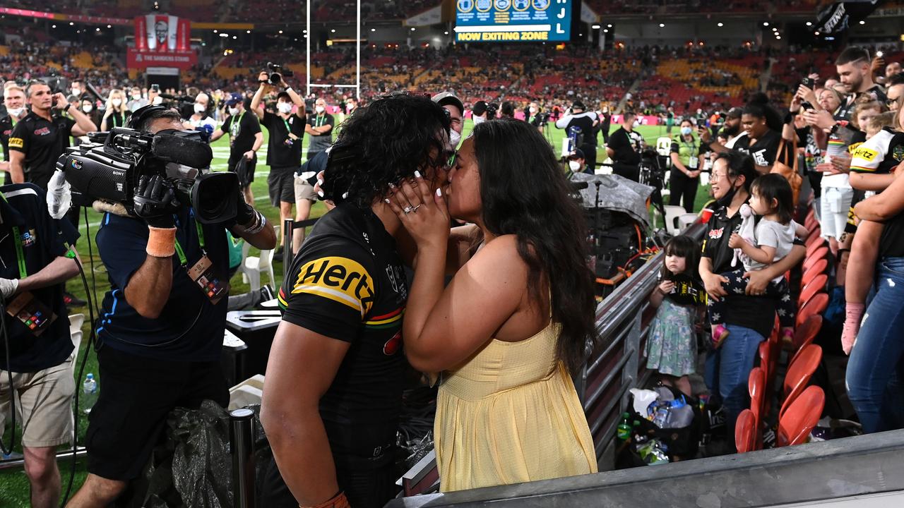 Brian To'o of the Panthers proposes to his partner Moesha Crichton-Ropati after winning the 2021 NRL Grand Final matc. Picture: Bradley Kanaris/Getty Images