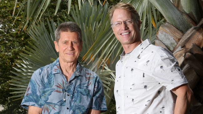 Billabong founder Gordon Merchant and CEO Neil Fiske know there is work ahead but have finally seen growth after years of decline. Picture: Scott Fletcher