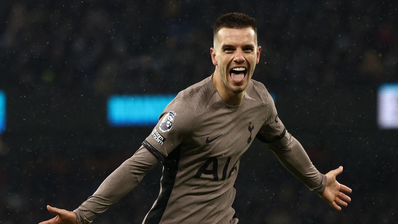 TOPSHOT – Tottenham Hotspur's Argentinian midfielder #18 Giovani Lo Celso celebrates after scoring their second goal during the English Premier League football match between Manchester City and Tottenham Hotspur at the Etihad Stadium in Manchester, northwest England, on December 3, 2023. (Photo by Darren Staples / AFP) / RESTRICTED TO EDITORIAL USE. No use with unauthorized audio, video, data, fixture lists, club/league logos or 'live' services. Online in-match use limited to 120 images. An additional 40 images may be used in extra time. No video emulation. Social media in-match use limited to 120 images. An additional 40 images may be used in extra time. No use in betting publications, games or single club/league/player publications. /