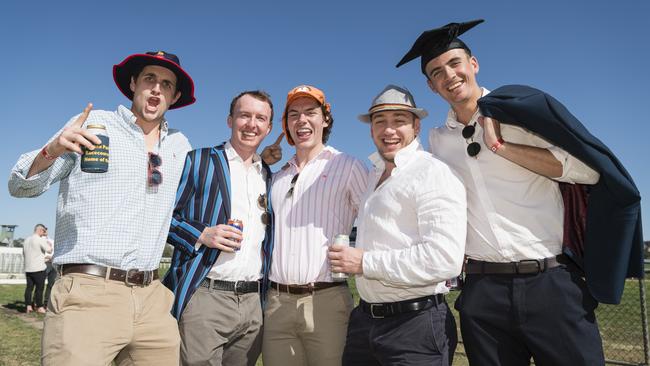 UQ Red Lions AFL team members (from left) George Clinton, Hamish Loraine, Connor Wadsworth, Ben Larsen-Smith and Andres Martinez on a footy weekend away at Warwick Cup race day at Allman Park Racecourse, Saturday, October 14, 2023. Picture: Kevin Farmer