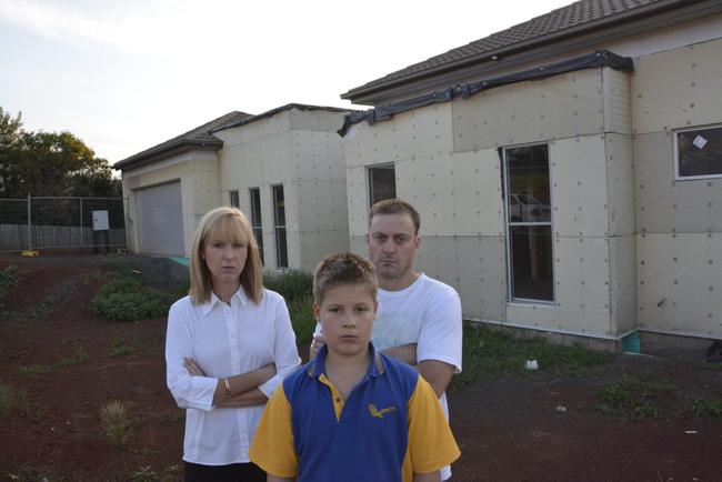 The Barton family (from left) Priscilla, Jaiden and Robert Barton outside their unbuilt Rangeville home. . Picture: Tara Miko