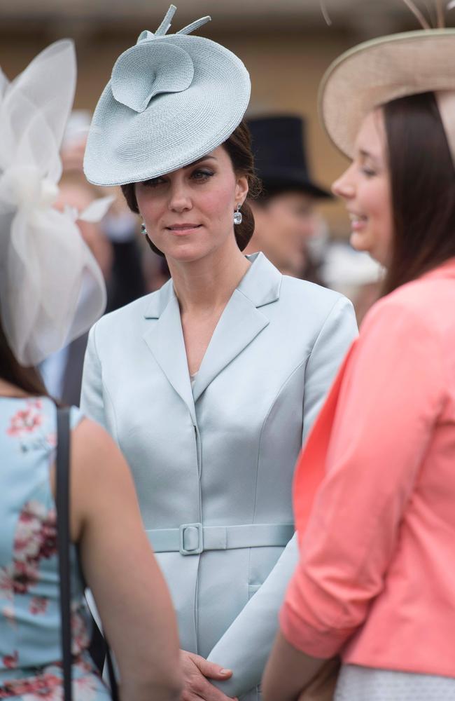 Britain’s Catherine, Duchess of Cambridge greets guests at a garden party at Buckingham Palace in London on May 16, 2017. Picture: AFP
