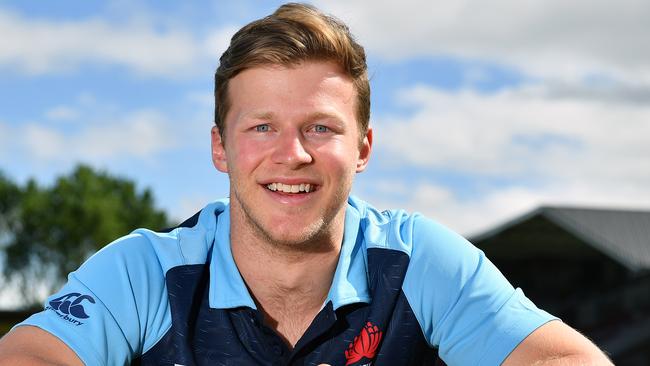 NSW Waratahs player Cameron Clark pose for a photo at Brookvale Oval, Sydney, Tuesday, Dec. 5, 2017. The Waratahs are set to play a trial match at the venue. (AAP Image/Joel Carrett)