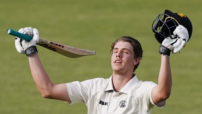 Cameron Green of Western Australia celebrates a century during the Marsh Sheffield Shield match between the Tasmanian Tigers and Western Australia at Blundstone Arena in Hobart, Monday, February 24, 2020. (AAP Image/Michael Dodge) NO ARCHIVING, EDITORIAL USE ONLY, IMAGES TO BE USED FOR NEWS REPORTING PURPOSES ONLY, NO COMMERCIAL USE WHATSOEVER, NO USE IN BOOKS WITHOUT PRIOR WRITTEN CONSENT FROM AAP