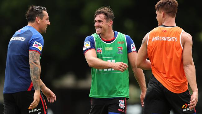 Connor Watson (centre) is hoping to partner Mitchell Pearce (left) in the halves at the Knights. Picture: Brett Costello