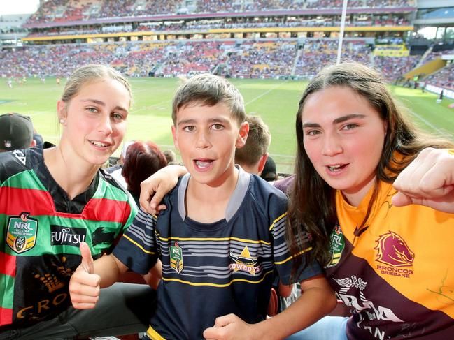 L to R, Shakira Lankowski 17yrs, Riley Lankowski 12yrs Mikaela Lankowski 18yrs, all from Chinchilla, at the NRL Magic Round, on Sunday May 12th, 2019 (Image AAP/Steve Pohlner)