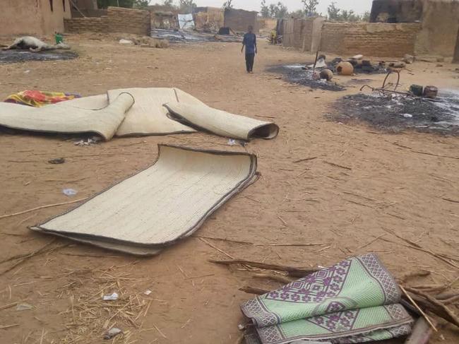 The scene shortly after a violent attack that left at least 134 people dead and dozens more wounded, which according to witnesses was carried out by the ethnic Dogon militia who descended on Ogossogou village, Mali, early Saturday March 23, 2019.  FranÃ§ois Delattre, the president of the U.N. Security Council who spoke in Mali's capital on Saturday, condemned the massacre as an "unspeakable attack." (Tabital Pulaaku via AP)