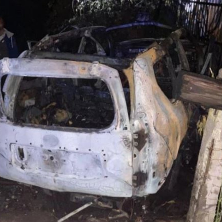 A burnt out Toyota Land Cruiser Prado was pictured at the scene. Picture: Twitter