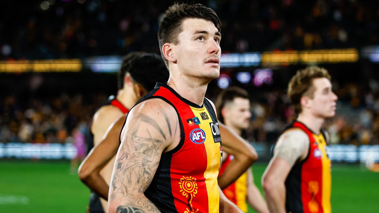 MELBOURNE, AUSTRALIA - MAY 27: Josh Battle of the Saints looks dejected after a loss during the 2023 AFL Round 11 match between the St Kilda Saints and the Hawthorn Hawks at Marvel Stadium on May 27, 2023 in Melbourne, Australia. (Photo by Dylan Burns/AFL Photos via Getty Images)