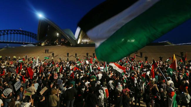 Hamas supporters rally outside the Sydney Opera House on October 9.