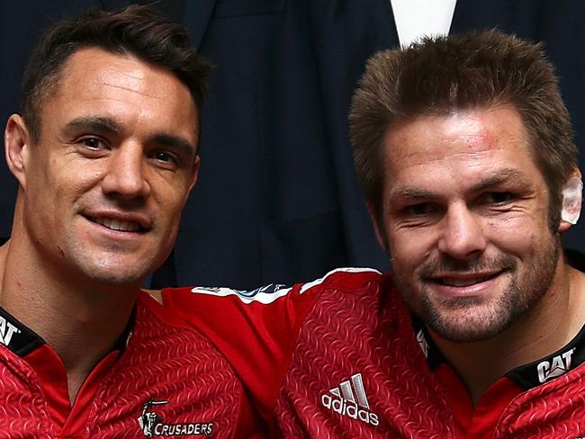 CHRISTCHURCH, NEW ZEALAND - MAY 08: Dan Carter (L) and Richie McCaw (R) of the Crusaders pose after the round 13 Super Rugby match between the Crusaders and the Reds at AMI Stadium on May 8, 2015 in Christchurch, New Zealand. (Photo by Martin Hunter/Getty Images)