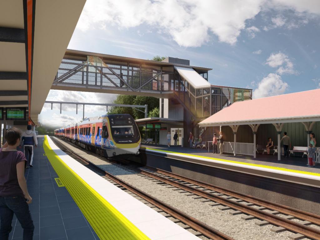 Transport Minister Mark Bailey said the upgrades would deliver major accessibility improvements including full-length raised platforms for improved boarding. Pictured is an artist’s impression of Bundamba station.