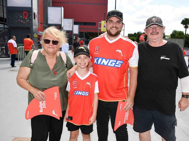 Nancy Mitchell, Caber, Luke and Peter McIntyre at Roosters V Dolphins, Suncorp Stadium. Picture: Patrick Woods.