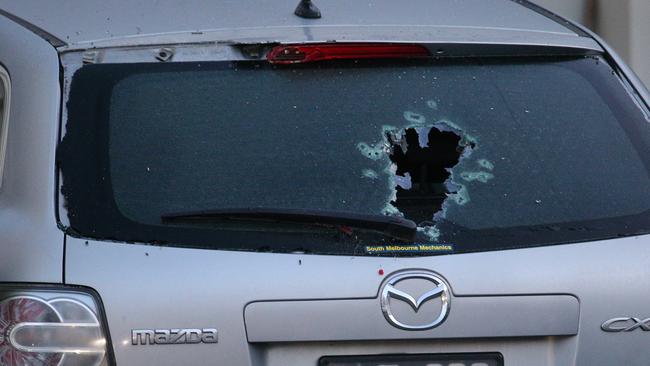 Damage to a car at the scene of a drive-by shooting on Beacon Vista, Port Melbourne. Picture: Hamish Blair