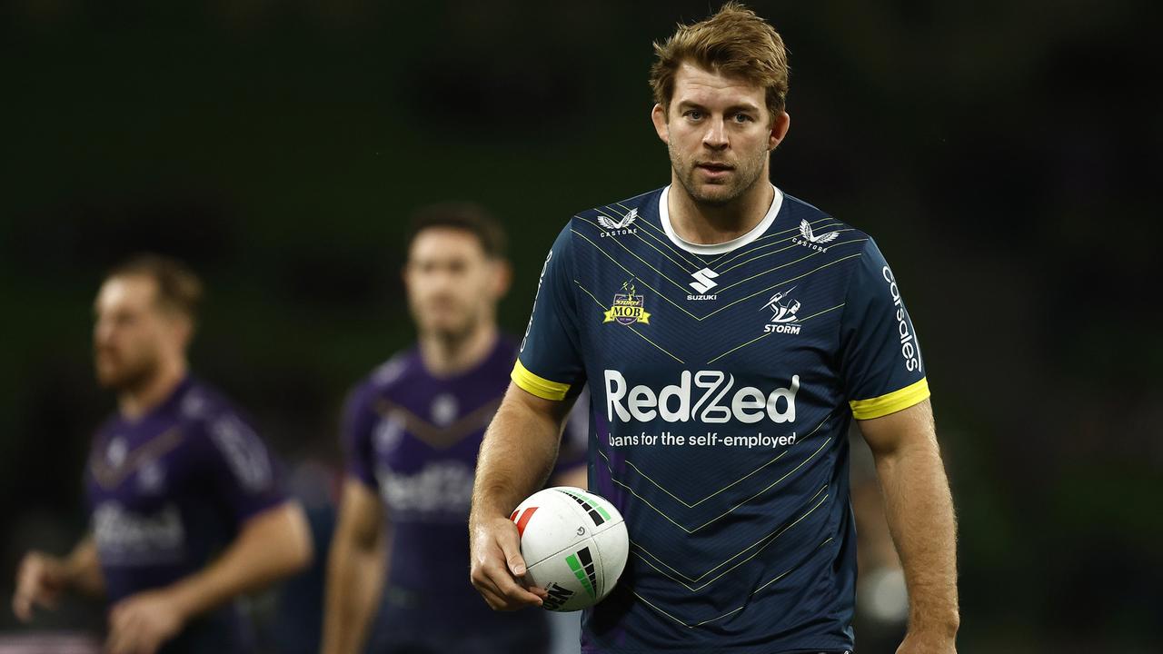 MELBOURNE, AUSTRALIA - SEPTEMBER 15: Christian Welch of the Storm warms up before the NRL Semi Final match between Melbourne Storm and the Sydney Roosters at AAMI Park on September 15, 2023 in Melbourne, Australia. (Photo by Daniel Pockett/Getty Images)