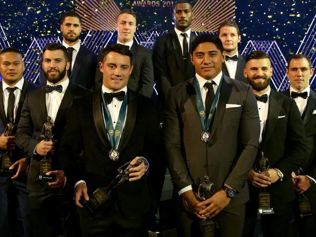 Team of the year Joseph Leilua ,James Tedesco,Jesse Bromwich,James Maloney,Top try scocer  Suliasi Vunivalu ,Top point scorer  Jarrod Croker  ,Josh Mansour , Cameron Smith with Dally M winners Cooper Cronk and Jason Taumalolo at the Dally M awards night at The Star , Pyrmont . Picture : Gregg Porteous