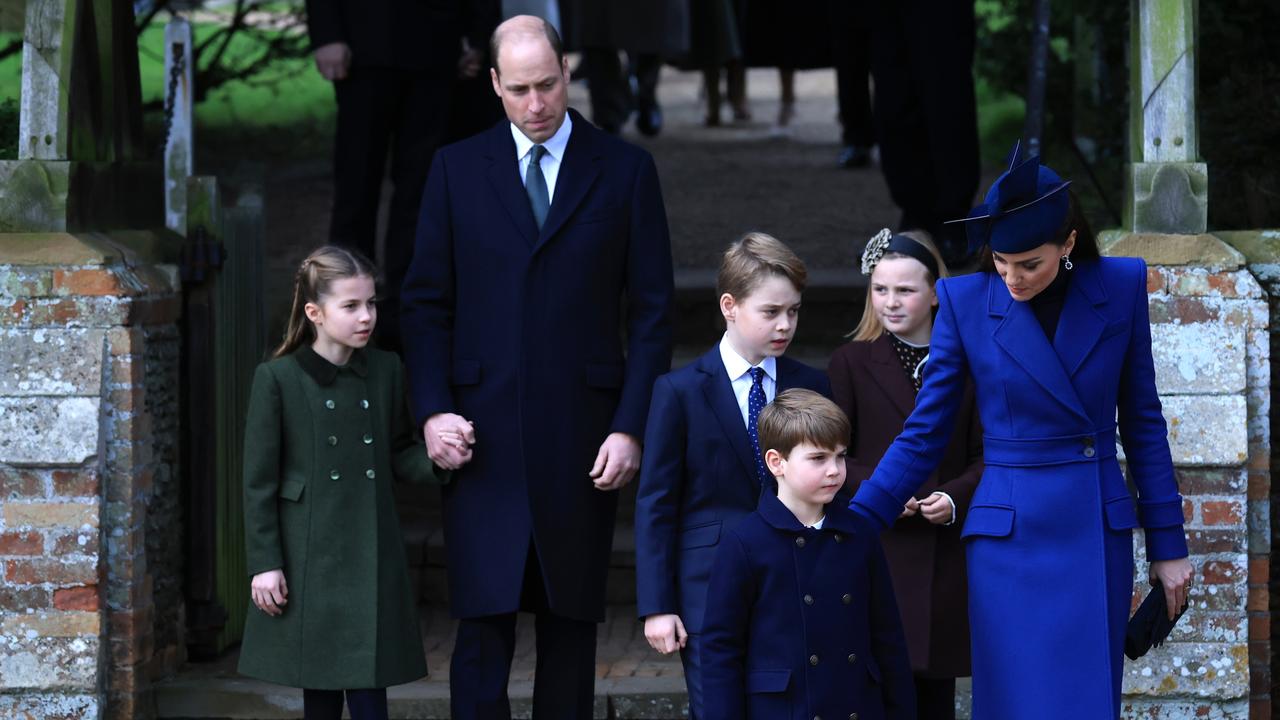 Princess Charlotte, Prince William, Prince George, Prince Louis, Mia Tindall and Kate attend the Christmas Morning Service at Sandringham Church on December 25, 2023. Picture: Stephen Pond/Getty Images