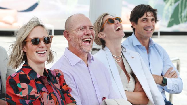 Enjoying a laugh at The Star Gold Coast Magic Millions 2023 launch are Ambassador and Royal Zara Tindall (left) with husband Mike Tindall, Delfina Blaquier and Nacho Figueras. Picture: Glenn Hampson