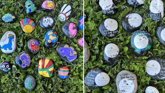 Small rocks painted with colourful images by the residents have been hidden around Childers for locals to find and return to Forest View Childers in exchange for a coffee or hot chocolate voucher at its cafe, which is open to the public.