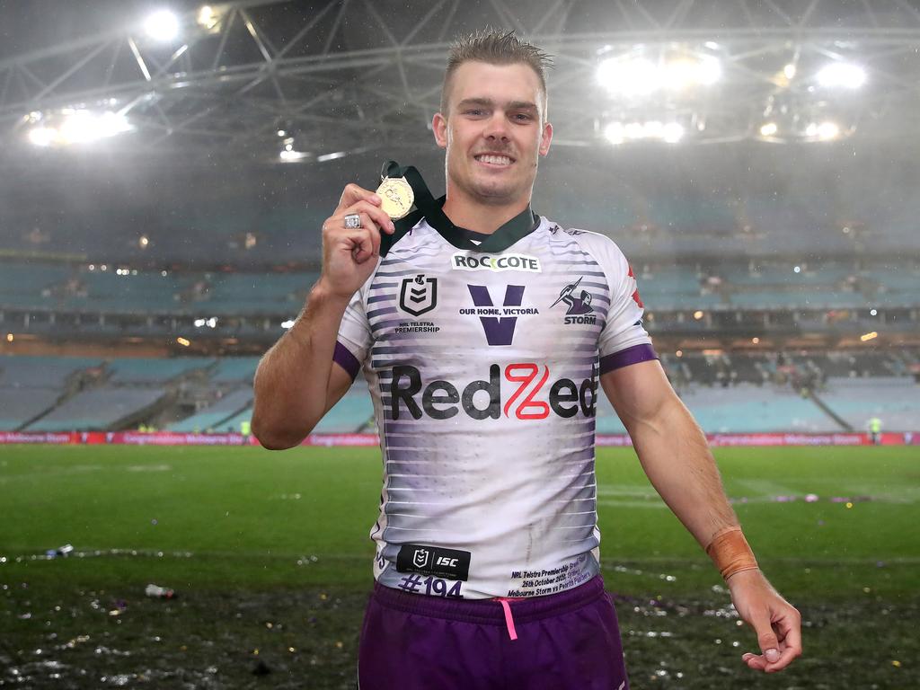 Ryan Papenhuyzen of the Storm poses with the Clive Churchill Medal.