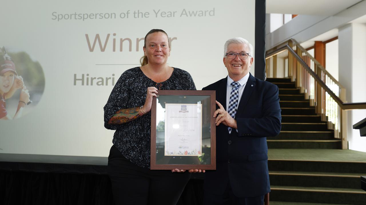 Softball Far Noth Queensland's Amiee Costello accepted the Sportsperson of the Year award from Mayor Terry James on behalf of Hirari Kurihara, at a formal ceremony at the Cairns Performing Arts Centre. Picture: Brendan Radke